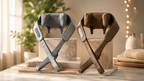 Two handheld neck and shoulder massage devices displayed side by side on wooden blocks in a warm, softly lit interior setting. The left device is gray and the right device is brown, both with adjustable straps and a small control panel.