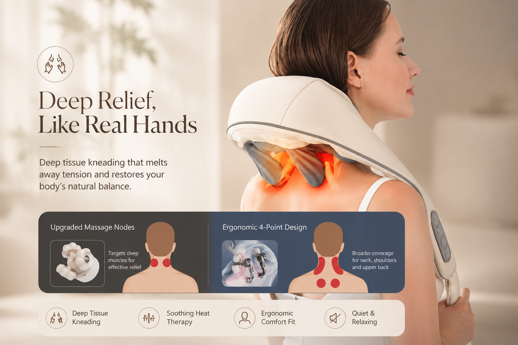 A woman shown from the back wearing a neck and shoulder massage device on her upper back, with glowing orange-red heat effect highlighting the massage nodes. The image includes marketing text reading 'Deep Relief, Like Real Hands' and feature callouts about upgraded massage nodes, ergonomic 4-point design, deep tissue kneading, soothing heat therapy, ergonomic comfort fit, and quiet & relaxing use.