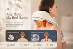 A woman shown from the back wearing a neck and shoulder massage device on her upper back, with glowing orange-red heat effect highlighting the massage nodes. The image includes marketing text reading 'Deep Relief, Like Real Hands' and feature callouts about upgraded massage nodes, ergonomic 4-point design, deep tissue kneading, soothing heat therapy, ergonomic comfort fit, and quiet & relaxing use.