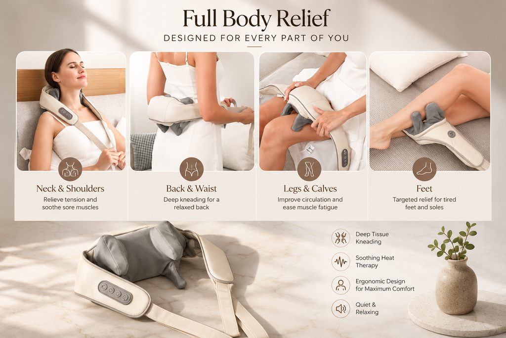 A full-body massage pillow set shown in a bedroom scene with four inset panels demonstrating use on the neck and shoulders, back and waist, legs and calves, and feet. The main product is a white and gray full-body massage pillow with a remote, displayed on a bed with a small plant beside it.
