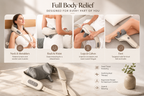 A full-body massage pillow set shown in a bedroom scene with four inset panels demonstrating use on the neck and shoulders, back and waist, legs and calves, and feet. The main product is a white and gray full-body massage pillow with a remote, displayed on a bed with a small plant beside it.