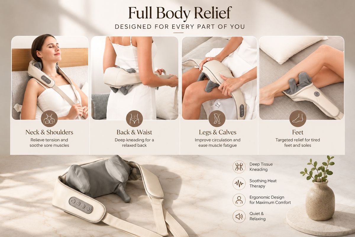 A full-body massage pillow set shown in a bedroom scene with four inset panels demonstrating use on the neck and shoulders, back and waist, legs and calves, and feet. The main product is a white and gray full-body massage pillow with a remote, displayed on a bed with a small plant beside it.