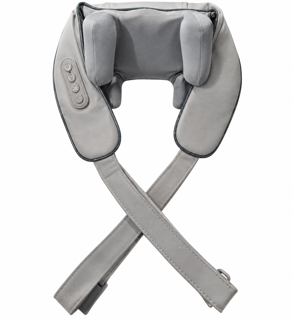 A gray neck and shoulder massage pillow with adjustable straps, shown against a plain white background.