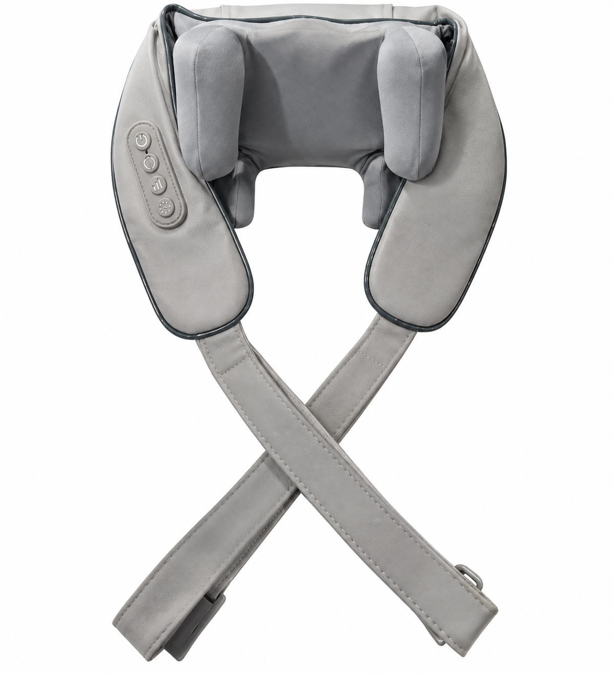 A gray neck and shoulder massage pillow with adjustable straps, shown against a plain white background.