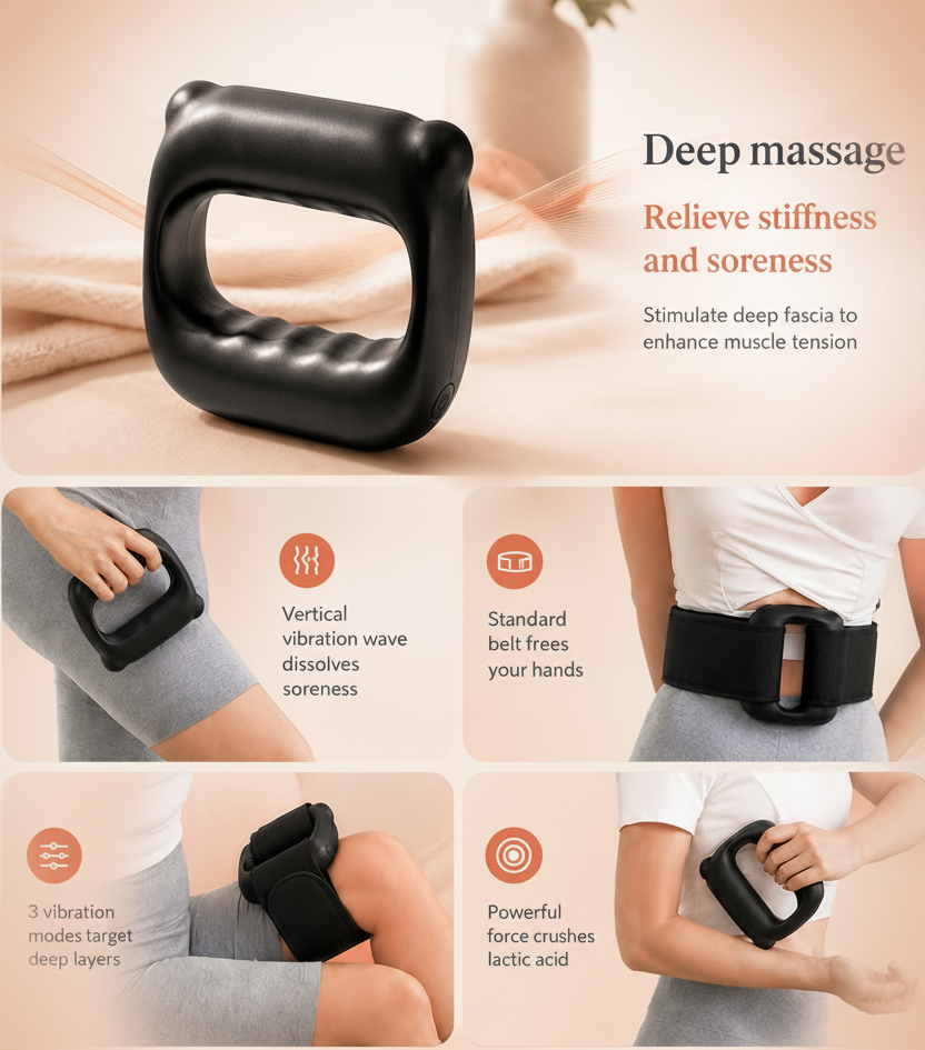 ReliefWave Flex deep massage vibration belt shown in a multi-panel infographic with text describing its benefits, including deep massage, vertical vibration wave, and powerful force crushing lactic acid.