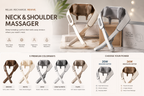 Neck and shoulder massager promotional graphic showing the device in multiple colorways (brown, white, gray, gray-white, taupe) with packaging, plus feature icons and power options. Text reads 'RELAX.