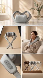 A collage showing a light gray massage pillow/neck wrap in several views: on a tabletop, standing on its crossed base, worn by a woman sitting on a sofa, a close-up of the control panel, and a small display with three color variants.