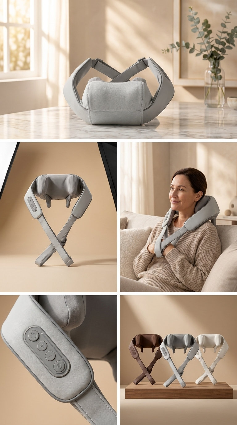 A collage showing a light gray massage pillow/neck wrap in several views: on a tabletop, standing on its crossed base, worn by a woman sitting on a sofa, a close-up of the control panel, and a small display with three color variants.