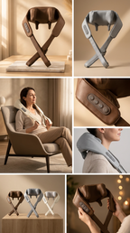 A six-panel collage showing a neck and shoulder massage device in multiple views and colors. The collage includes a woman using the device in a living room setting, close-up shots of the control panel, and the device displayed in brown and gray on stands.
