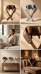 Six-panel collage showing a shoulder and neck massage device in multiple colorways and use cases: standalone shots on a pedestal and on a sofa, a close-up of the control side, and one panel with a woman wearing the device around her neck in a living room setting.