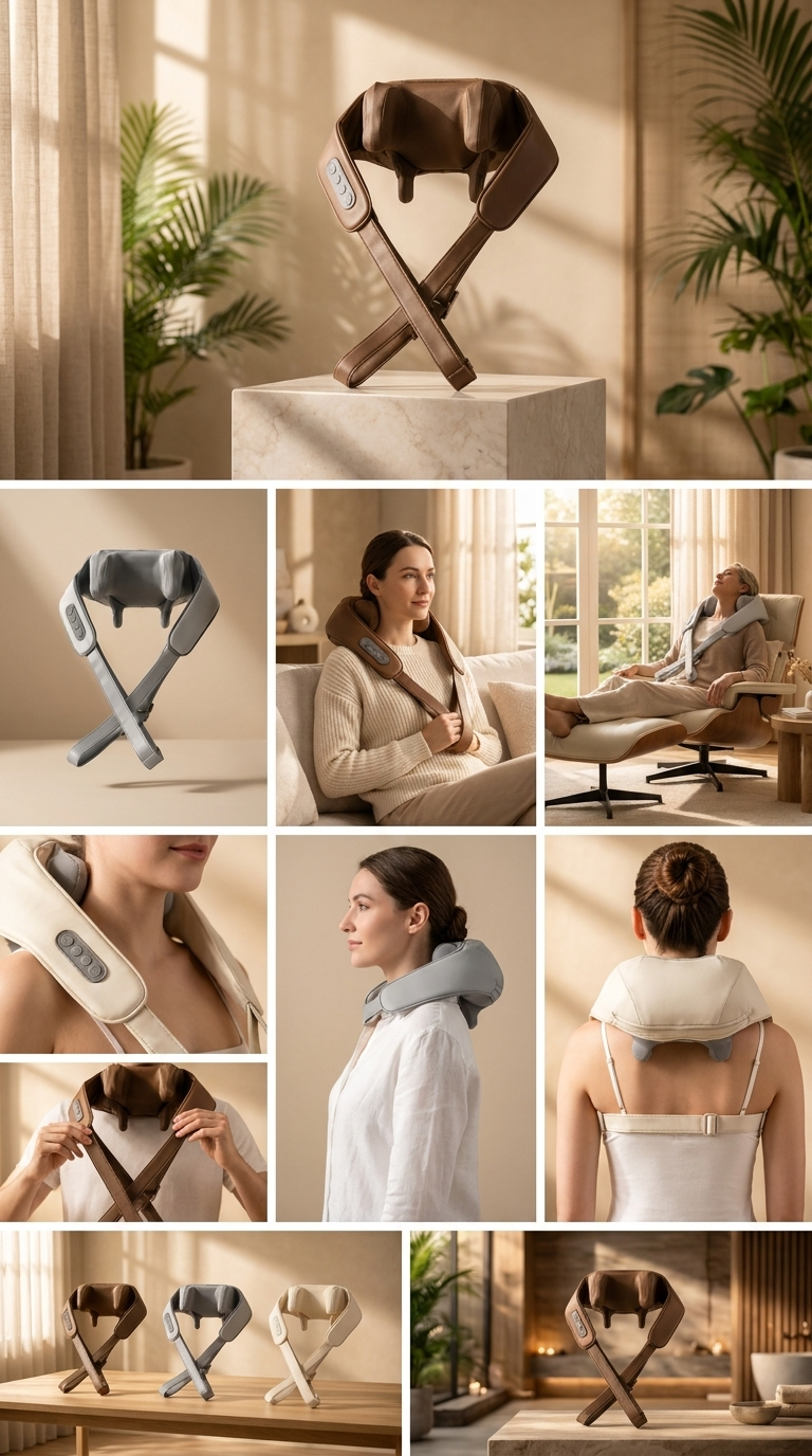 A collage of lifestyle and product shots showing a shoulder and neck massage device worn by a woman in a home setting, with close-up views of the device and different color options on a wooden table.